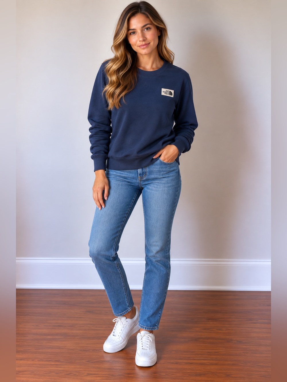 The North Face Navy Crewneck Sweatshirt with Logo Patch